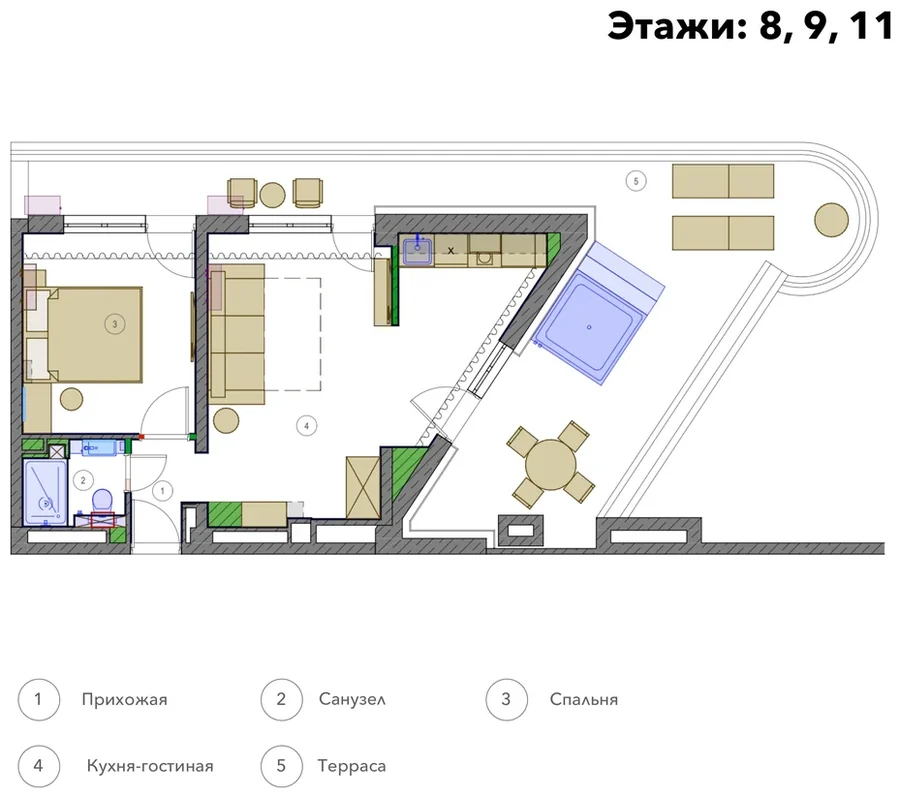 Чертёж планировки Апартамент с террасой 74 м²