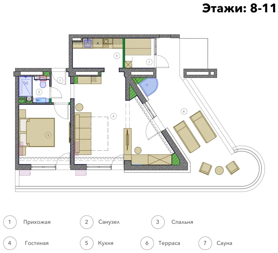 Чертёж планировки Апартамент с террасой и сауной 85 м²